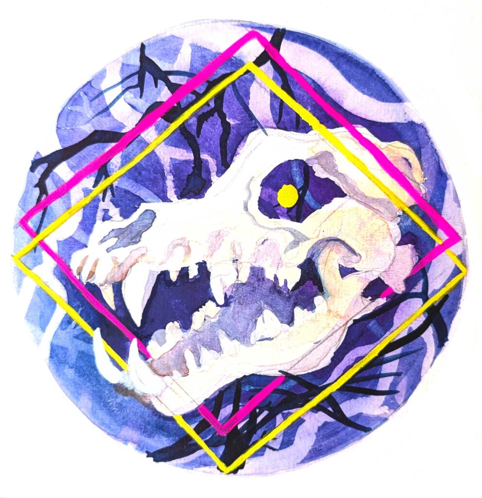 Direwolf, skull, watercolor, painting, roots, diamonds